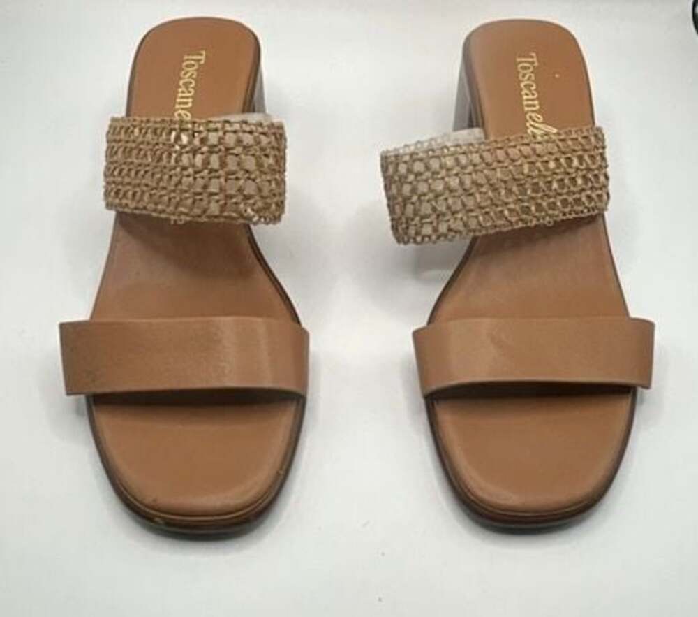 Toscanella Woven Leather Block Heel Slide Sandals Tan
